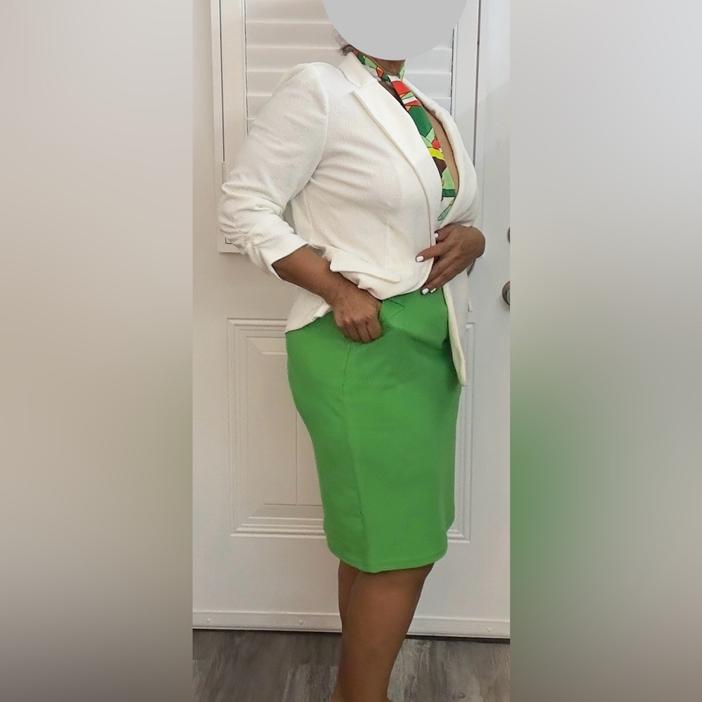 White Blazer with Colorful Tie and Green Skirt